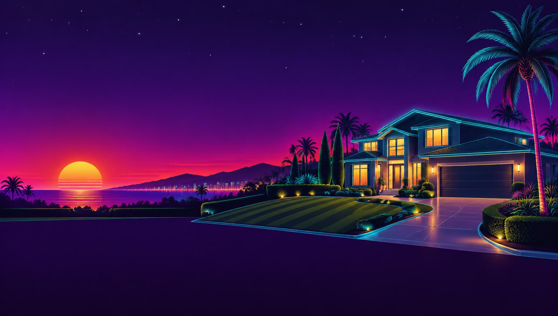 Neon sunset illustration of a home with a neatly striped lawn and glowing cyan landscaping outlines